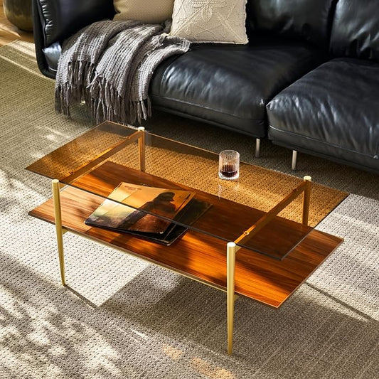 Saint Mossi Tadio Double Layer Glass Coffee Table for Living Room, Brown Glass & Coffee Brown MDF Bottom Shelf | Double Layer, for Living Room, Bottom Shelf