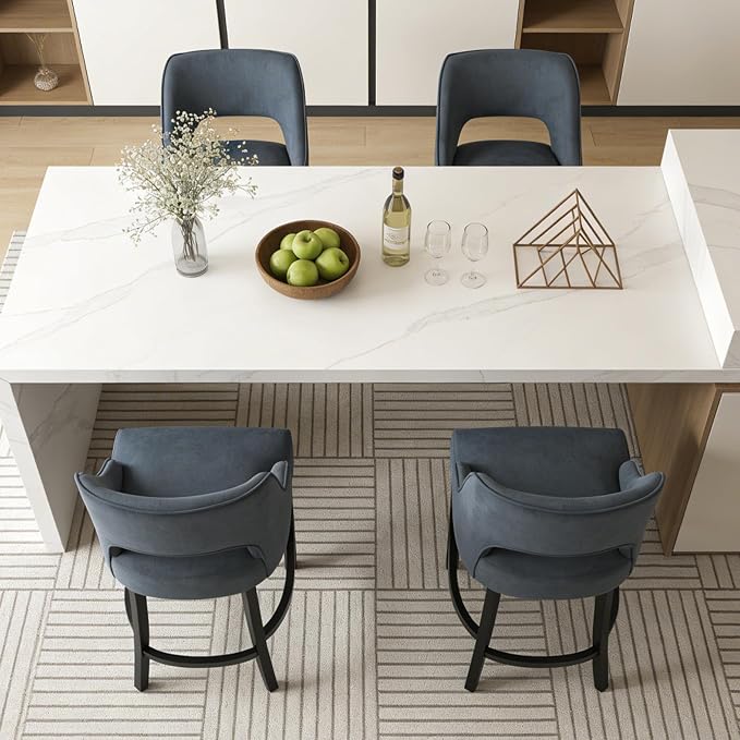 ClinQ Bar Stools Set of 2, 26" H Counter Height Bar Stools with Backs, Modern Upholstered Accent Barstools with Curved Footrest for Kitchen Island, Dining Room and Bar, Navy-Black Legs