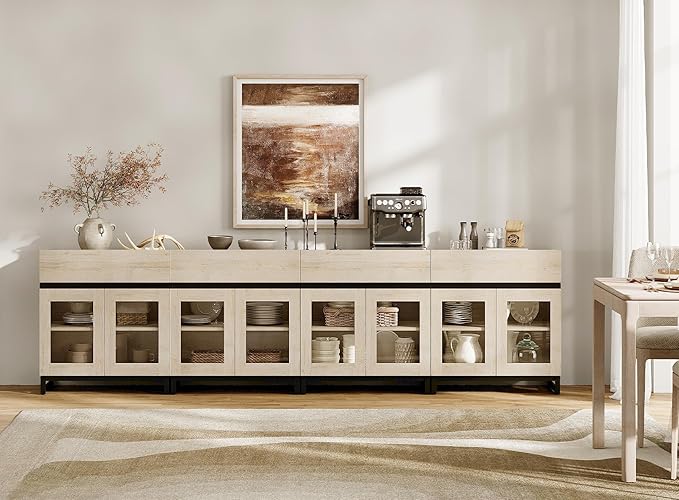WAMPAT 4 in 1 Sideboard Buffet Cabinets with 8 Glass Doors, Modern Sideboard Credenza, Coffee Bar Storage Cabinet for Living Room, Kitchen, Light Oak