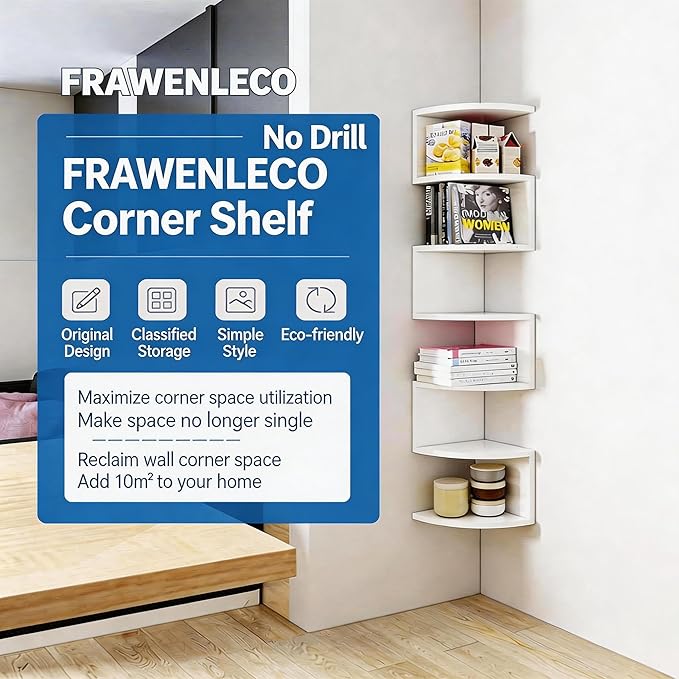 No-Drill Corner Shelf Wall Mount, 7-Tier Floating Corner Bookshelf with Hooks, Space-Saving Zigzag Plant Shelf for Bedroom, Living Room, Bathroom, Home Office