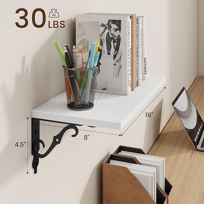 RICHFOCUS Floating Shelves for Wall Decor, 8 Inch Deep Shelves Set of 2, 16W x 8D Floating Shelves Wall Mounted with Metal Brackets, Rustic Wood Shelves for Living Room Bedroom Kitchen, White