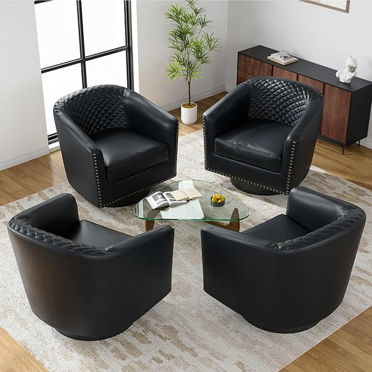 UIXE Swivel Accent Chairs Set of 4, PU Leather Barrel Club Chair for Living Room, Upholstered Round Armchair Comfy Single Sofa Bedroom Reading Seat - Beige Cream