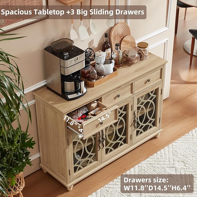 Large Sideboard Buffet Cabinet with Storage,48" Credenza with 3 Glass Doors & 3 Drawers,Adjustable Shelves Coffee Bar,Wood Kitchen Console Table for Dining Room,Living Room,Natural