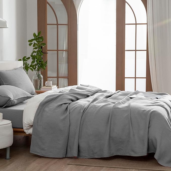 EVERLY Linen Sheets California King Size 100% French Stonewash Pure Linen Bed Sheets 4Pieces (1Flat Sheet,1Fitted Sheet,2Pillowcase) Suitable for Hot Sleepers,Deep Pocket Natural Bedding Set-Grey