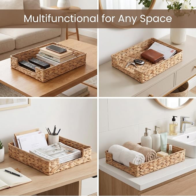Letter Tray Water Hyacinth,Wicker Desk Organizer for Office Supplies, Mail, A4 Paper File, Magazine,Jewelry Cosmetics, Paper Holder Storage Basket for Office, School, and Workspace