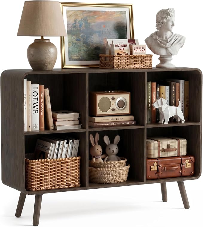 YOSHOOT 6 Cube Bookshelf - 35.4" Wood Cube Bookcase with Legs, Open Cubby Bookshelves with Curved Profile Design for Bedroom, Living Room,Home Office, Walnut