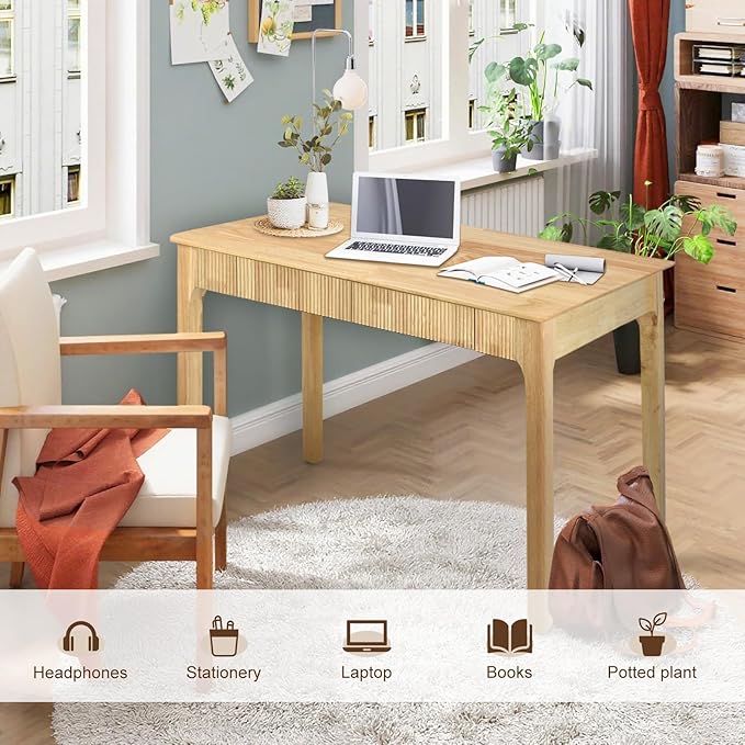 47.2'' Solid Wood Desk with 2 Drawers, Mid Century Modern Home Writing Office Wooden Desk,Vintage Computer Table with Storage for Living Room, Bedroom, Fluted Design (Natural, 47.2 Inch)