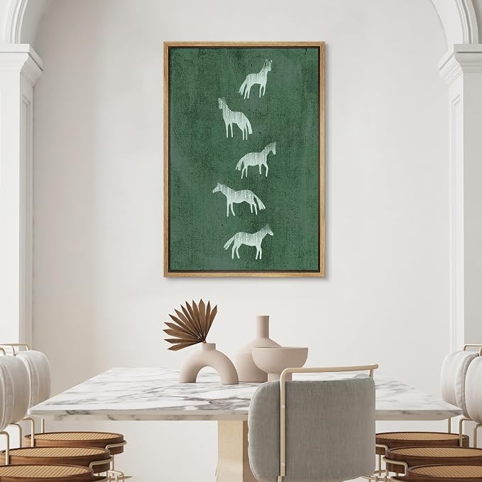 SIGNWIN Framed Canvas Print Wall Art Preppy Room Decor White Silhouette Horse Stallions Grazing Nature Wilderness Drawings Boho Animals Colorful for Living Room, Bedroom, Office - 24"x36" Natural