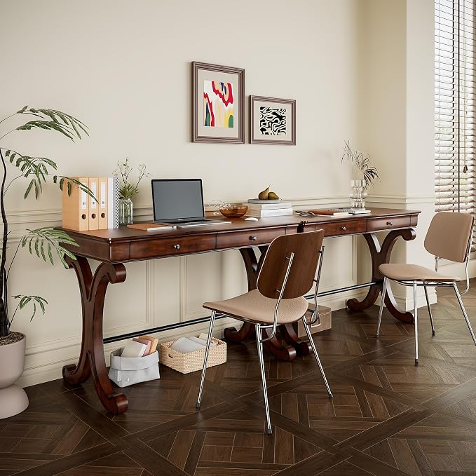 Biaco Set of 2 Mid-Century Home Office Computer Desk with 2 Storage Drawers,Large Computer Office Desk Workstation with X Carved Legs Executive Desk for Home Office Dark Cherry Red(Table ONLY!)