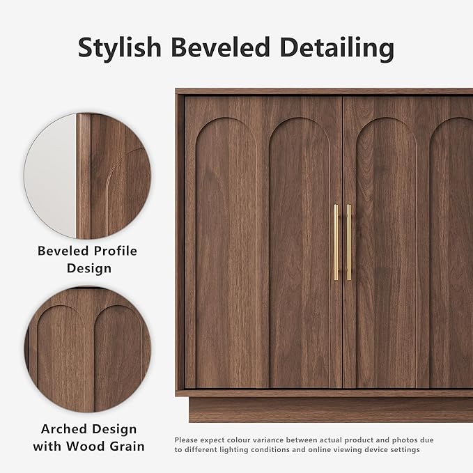 Sideboard Buffet Cabinet with Storage Set of 3, Mid Century Modern Accent Cabinet with Arched Doors, Modular Media Console, Credenza for Living Room Kitchen Dining Room Entryway, Walnut