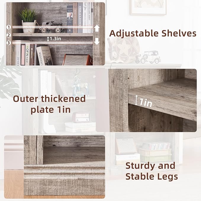 RWYHG 43" Grey Tall Bookshelf,3-Tier Thick Wooden Book Shelf with Adjustable Shelves,Free Standing Farmhouse Bookcase with Open Display Storage,Floor Vintage Bookshelves for Living Room,Office