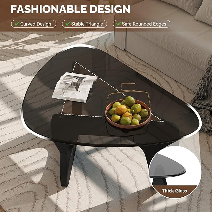 Modern Glass Coffee Table, Triangle Center Table with Tempered Glass Top& Unique Wooden Base, 31.5” Mid Century Tea Tables for Living Room, Apartment, Office,Black & Grey