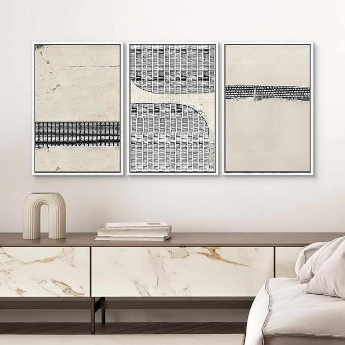 SIGNWIN Framed Canvas Print Wall Art Set Black Tan Grunge Grid Polygon Pattern Abstract Shapes Cozy Neutral Decorative Contemporary Minimal for Living Room, Bedroom, Office - 24"x36"x3 White