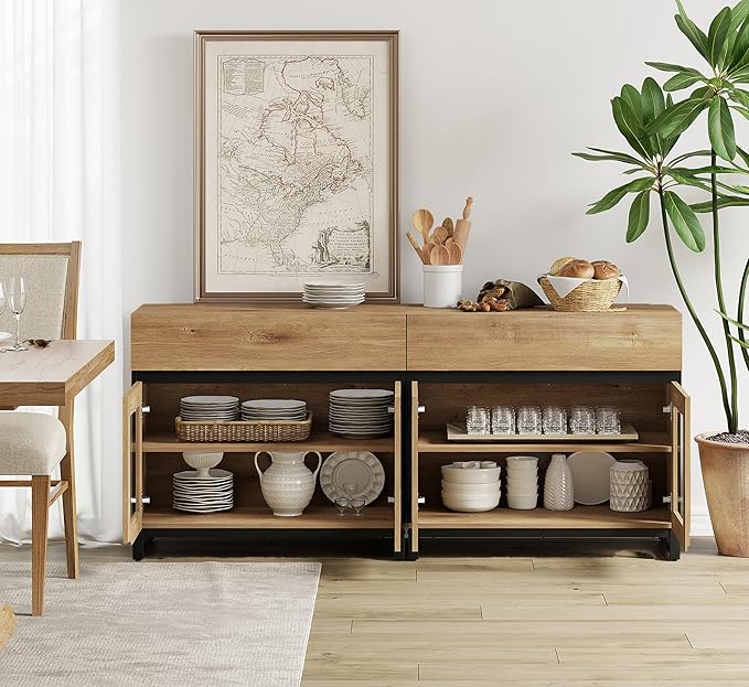 WAMPAT 63'' Multifunctional Sideboard Buffet Cabinets with 4 Glass Doors and and 2 Drawers, Modern Sideboard Credenza, Coffee Bar Storage Cabinet for Living Room, Kitchen, Oak