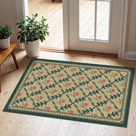 Front Door Mat Outside Entrance - 2x3 Non-Slip Washable Doormat Indoor Outdoor Entrance Jute-Look Floral Rug Welcome Mat Small Throw Rugs for Entryway Bedroom Kitchen Mudroom Front Porch Decor