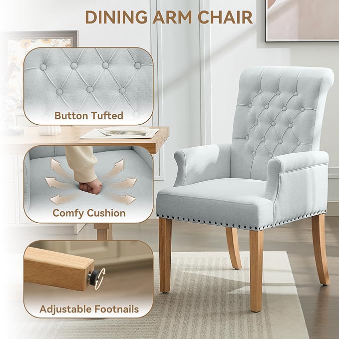 Fabric Dining Chair with Arms, Upholstered Tufted High Back Dining Room Chairs, Accent Armchair with Solid Wood Leg and Nailhead Trim, Kitchen Dining Living Room, Sky Blue