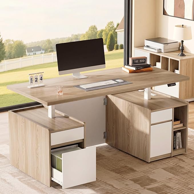 ModernMate Executive Standing Desk with Drawers & Storage, 70.8'' Adjustable Electric Stand Up Wood Desk with Privacy Panel, AC/USB, File Cabinet, Large One-Piece Desktop for Home Office, Light Walnut