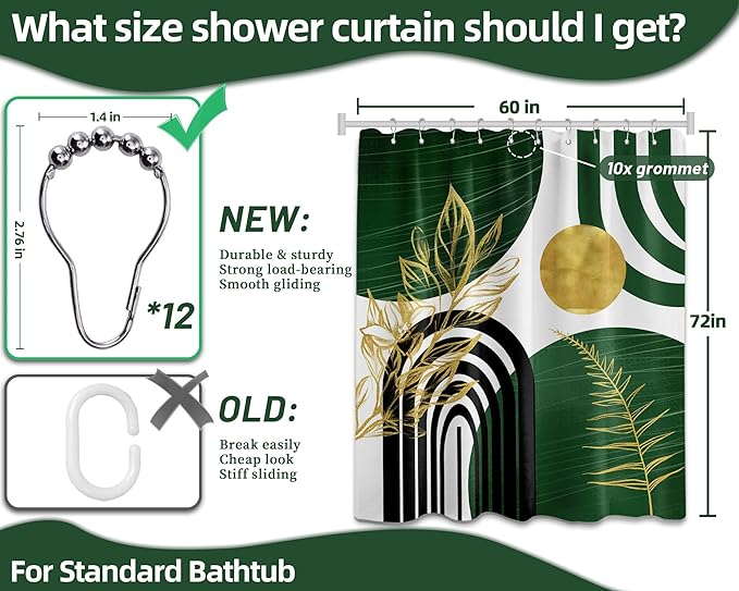Olive Green and Gold Shower Curtain Boho Mid Century Modern Hunter Green Shower Curtains for Bathroom Decor Sets, Waterproof Cloth Fabric with Hooks 60x72in