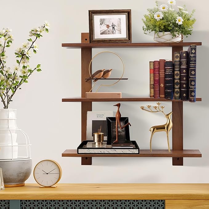 PHOENANCEE 3 Tier Floating Shelves,Long Wall Shelf,Over The Toilet Shelves Bathroom Hanging Display Storage Rustic for Living Room Bedroom Kitchen Office Coffee Bar Decor Decorative,24 Inch,(Walnut)