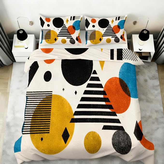 Mid Century Abstract Duvet Cover Full Size, Vintage Geometric Bedding Set 3 Piece, Abstract Minimalist Modern Patterned Comforter Cover with Zipper Soft Microfiber, 2 Pillowcases