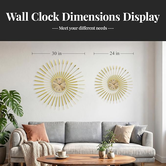 Cuspin 24 Inch Gold Wall Clock, Large Sunburst Mid Century Modern Clocks for Living Room Decor, Silent Non Ticking Battery Operated Decorative Wall Clock for Bedroom, Kitchen, Office