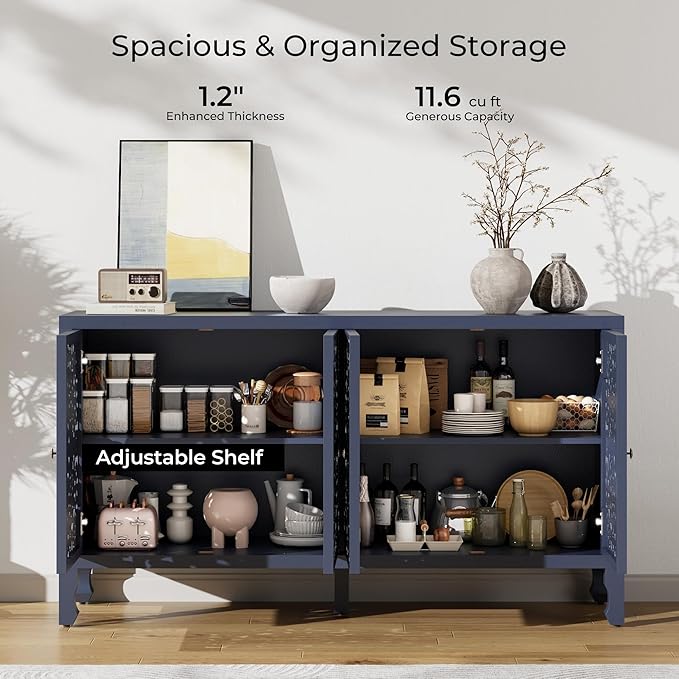 Buffet Cabinet with Storage, Accent Cabinet with 4 Carved Doors, Solid Wood Sideboard with Adjustable Shelf, Vintage Cabinets for Kitchen, Living Room, Entryway, Blue