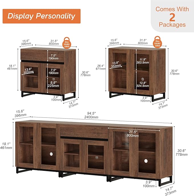 WAMPAT 3 in 1 Modern Sideboard with Adjustable Shelves and Drawer,Storage Cabinet with Glass Doors, Coffee Bar Cabinet for Living Room, Kitchen, Brown