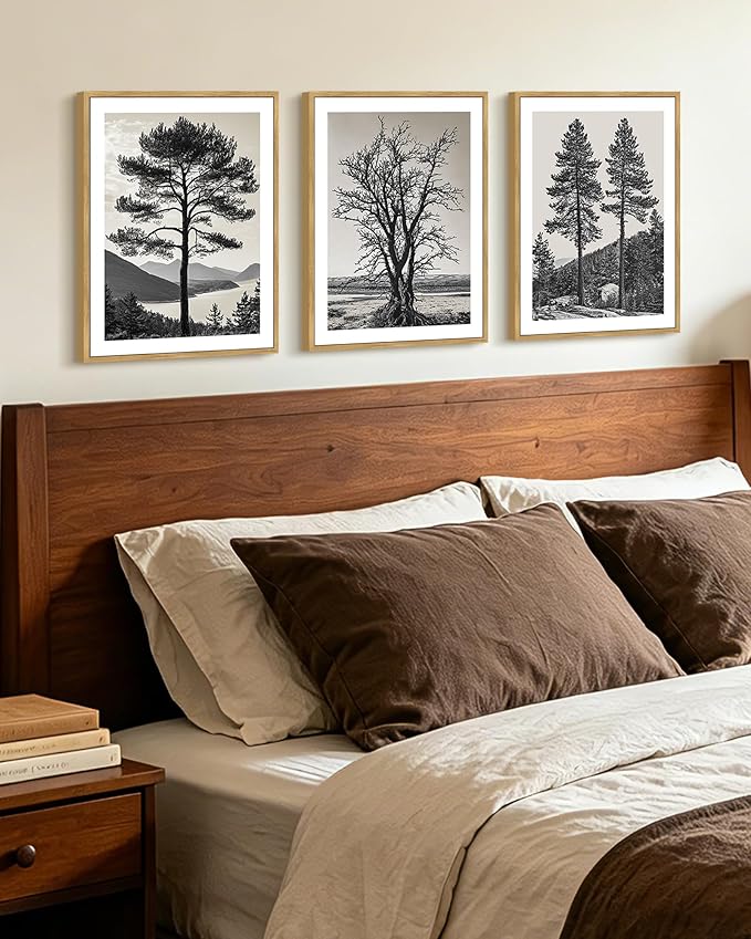 KUVIOKE Vintage Tree Framed Canvas Wall Art Black and White Retro Antique Forest Drawings Nature Wilderness Sketch Wall Painting Modern Decor 12x16in (Natural Framed)