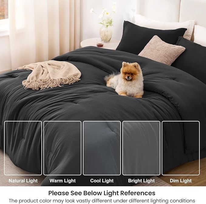Love's cabin Black King Size Comforter Set, 3-Piece Prewashed Bed Set with 1 Comforter (104 x 90 in) & 2 Pillowcases, Lightweight & Breathable for All Seasons