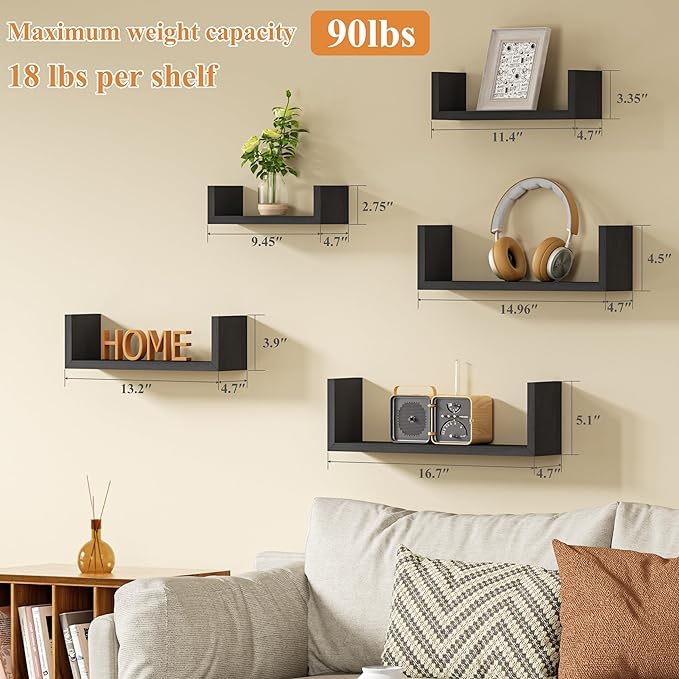 SRIWATANA Floating Shelves for Wall, Wall Shelves for Bathroom, Bedroom, Living Room, Kitchen, Office, Wood Shelves for Home Decor Set of 5 (Weathered Black)