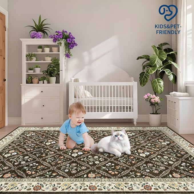 GarveeHome Washable Kitchen Runner 2x6 Non-Slip Floral Carpet Runner for Entryway Indoor Ultra Soft Stain Resistant Long Rugs Farmhouse Floor Mat for Hallways Laundry Bedroom Brown