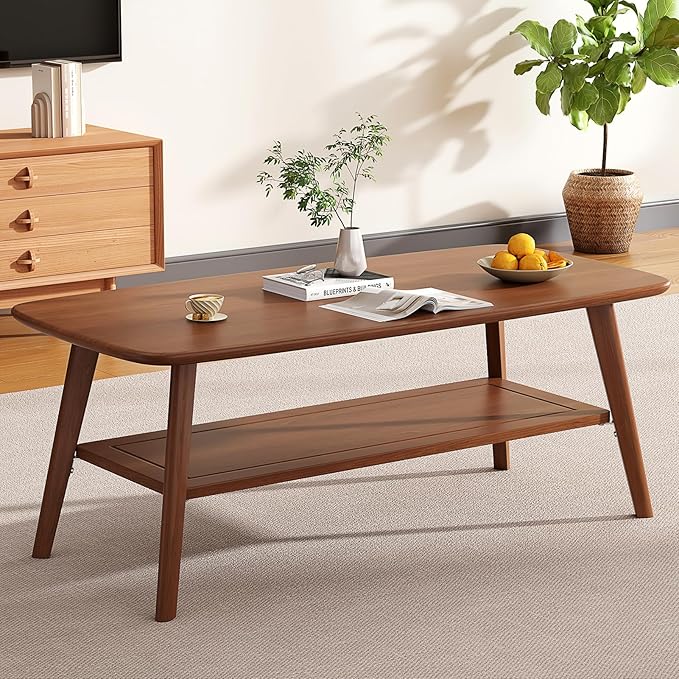 Coffee Table Small Solid Wood Center Table Mid Century Vintage Living Room Coffee Table, Walnut 39.37 Inch