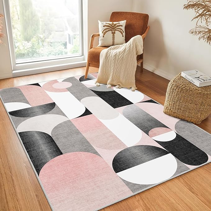 Pink Rug 4x6.5 Washable Area Rugs for Bedroom Living Room Kitchen Entryway Bedside,Modern Non Slip Carpet,Small Blush Grey Black