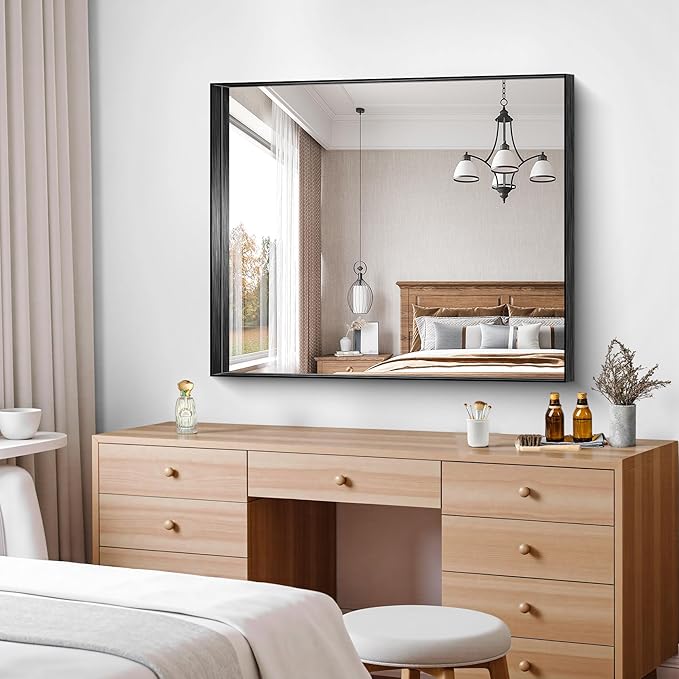 CIRCUMI Black Bathroom Mirror, 30"x36" Rectangular Mirror with Deep Metal Frame, Brushed Finish, Tempered Glass, Mirror for Wall, Oversink, Bedroom, Installed Vertically/Horizontally, Crystal-Clear