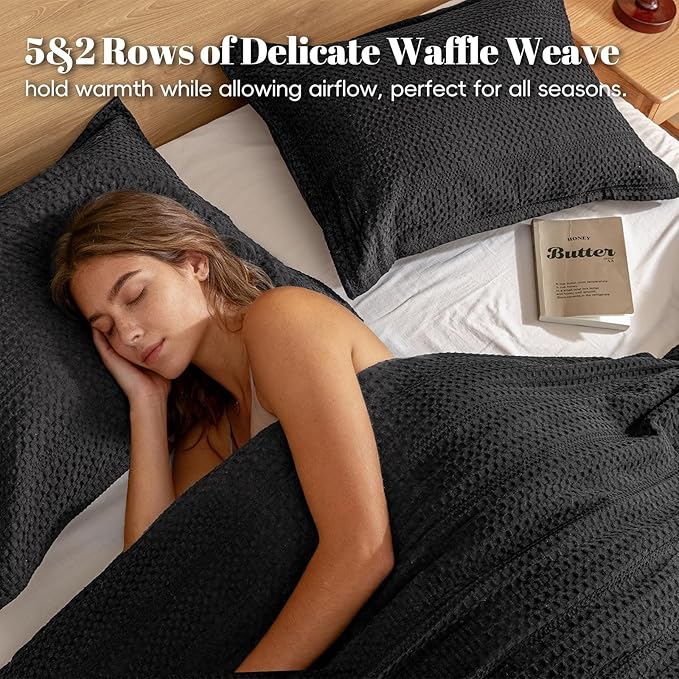 PHF Soft Waffle Comforter Set Twin Size- Comfy Breathable Waffle Weave Comforter with 1 Pillow Shams, 2 Pieces Less Snagging Lightweight Textured Bedding Set for All Season, Black