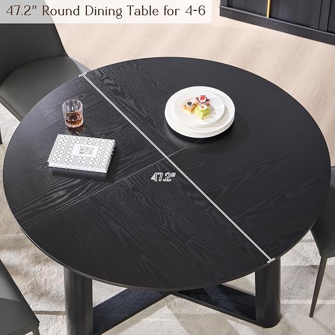 OKD 47" Dining Table for 4-6, Round Dining Room Table with Triangular Structure Pedestal Stable Base, Curved Table Edge, Circle Kitchen Tables for Dining Room, Kitchen, Black Oak