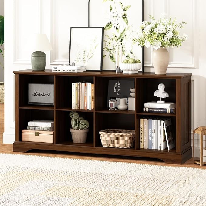 8 Cube Storage Organizer - 62" Long Farmhouse Wood Low Bookshelf, Horizontal Open Shelf Bookcase Cubby Storage Console Cabinet for Living Room, Entryway, Office, Walnut