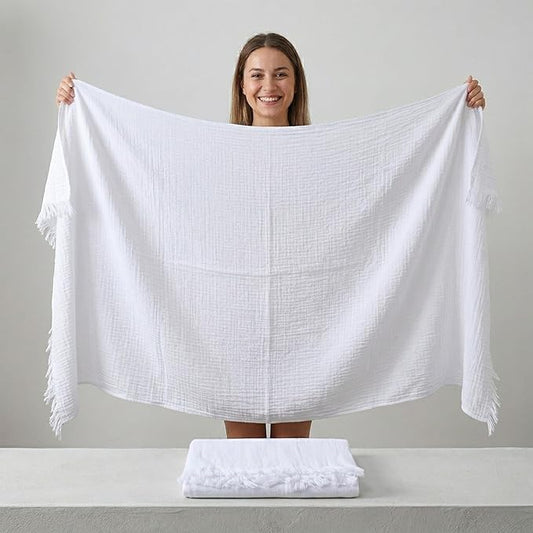 PÜSKÜL - Premium 2-Piece Oversized Muslin Bath Towel for Adult 35x70 Extra Large Bath Sheets | Natural 100% Turkish Cotton Soft Absorbent Quick-Dry Lightweight Spa & Beach Towels (Pack of 2, White)