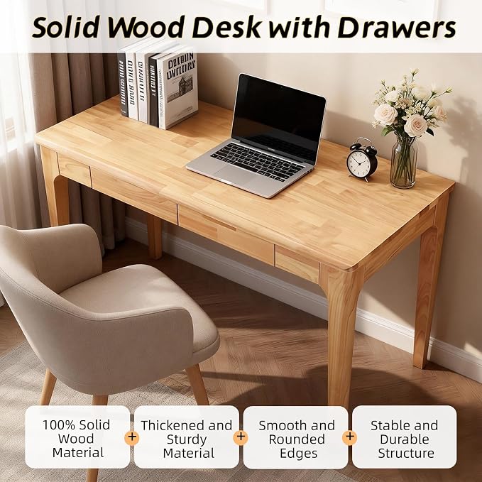 47" Small Solid Wood Desk with Drawers, Walnut Wooden Standing Desk, Home Office Desk for Small Spaces, Mid Century Modern Desk for Study, Bedroom, Living Room, Office (Wood, 47“)