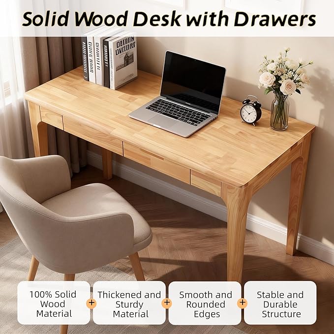Solid Wood Desk with Drawers, 47.2" Small Computer Desk for Small Spaces, Mid Century Modern Home Office Desk, Student PC Desk for Study, Bedroom, Living Room, Office (Wood, 47")