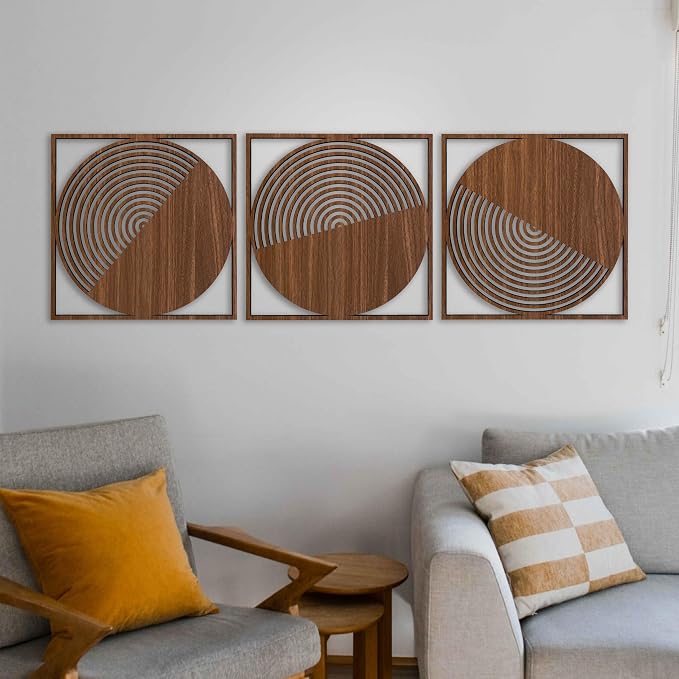 Round Boho Wall Art Wood Decor, Set of 3 Mid Century Modern Wood Wall Decoration, Aesthetic Wall Decor, Large Living Room Wooden Wall Art