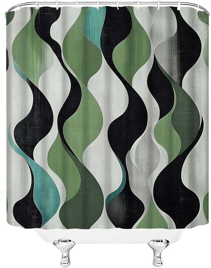 Mid Century Shower Curtain Boho Minimalist Modern Abstract Aesthetic Geometric Striped Atomic Retro Earthy Fabric Bathroom Decor Set with Hooks(67" Wx70 H)