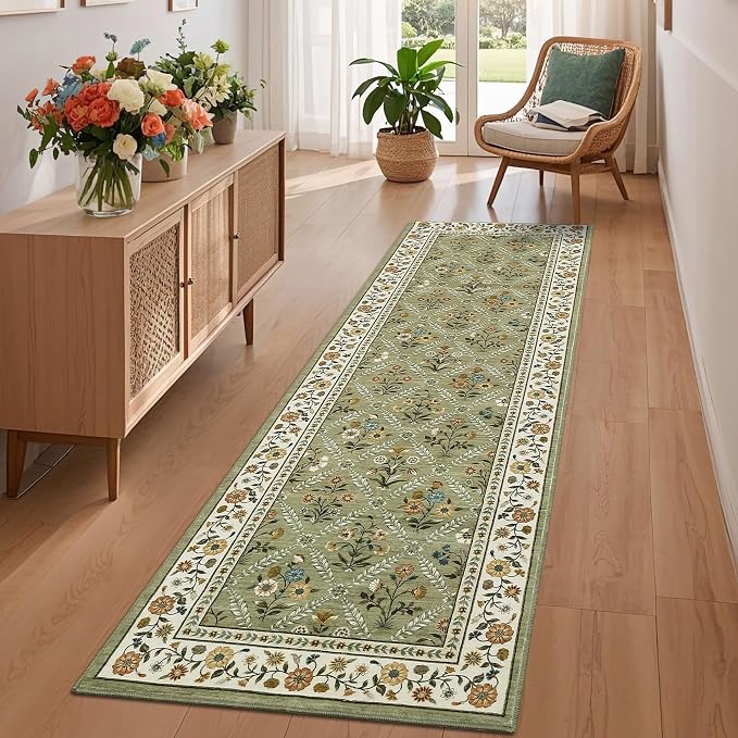 GarveeHome Runner Rug for Hallway Entryway 2.5x8 Farmhouse Floral Non-Slip Machine Washable Kitchen Rug Runner Non-Shedding Low-Pile Soft Long Carpet for Entrance Laundry Room Green