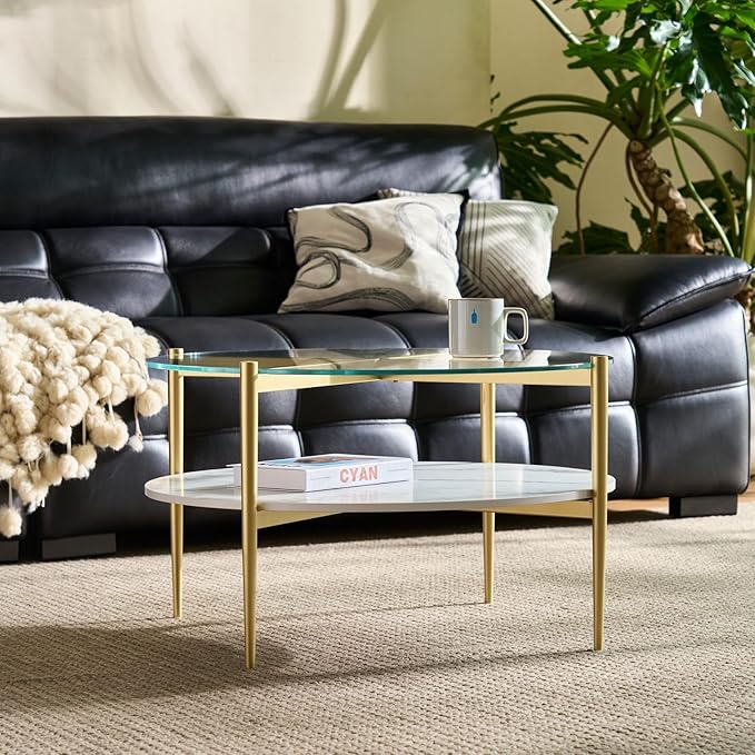 AGV LIGHTING 30" Round Glass Coffee Table,Mid-Century Modern Coffee Table for Living Room, Glod Finish Leg,2-Tier,Tempered Glass Top with White Marble MDF Shelf