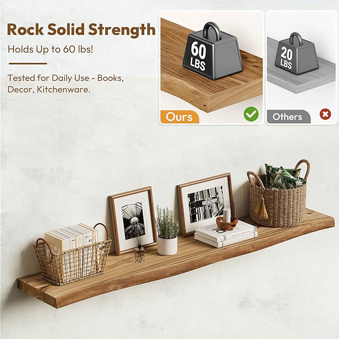 Vivelove Live Edge Floating Shelves Solid Wood, Elm Shelves for Wall with Invisible Bracket for Living Room Bedroom Bathroom Office Book, Rustic Farmhouse Wooden Shelf, 48 Inch Set of 1- Natural