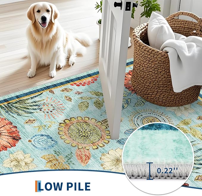 5x7 Washable Area Rug Non Slip Living Room Rugs Modern Floral Small Rug Non Shedding Soft Bedroom Floor Carpet Low Pile Thin Boho Botanical Floral Accent Carpet for Nursery Kitchen Office, Blue