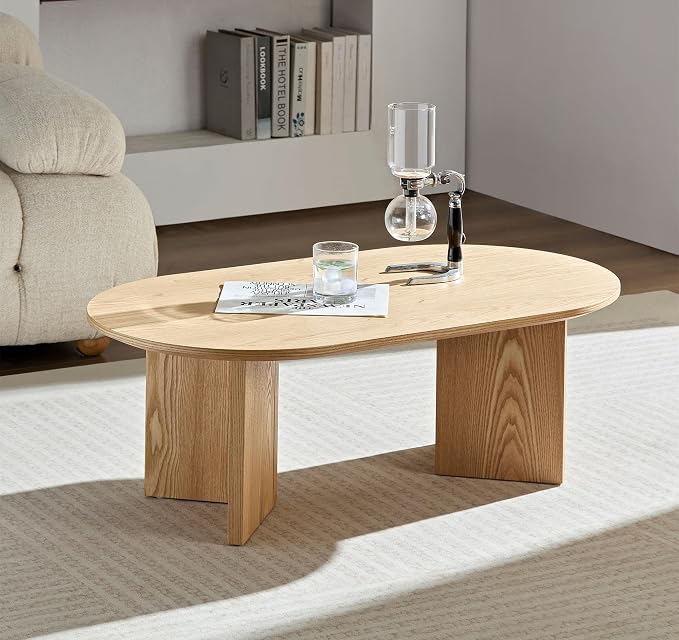 SSLine Mid-Century 39.37" Oval Coffee Table with Pedestal Base Natural Brown Wood Grain Top Cocktail Center Table for Living Room Bedroom