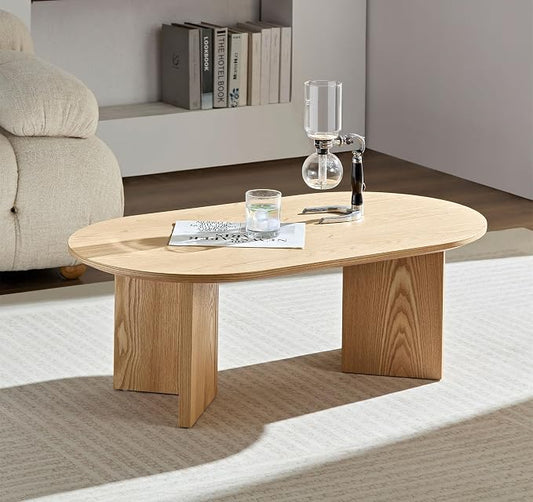 SSLine Mid-Century 39.37" Oval Coffee Table with Pedestal Base Natural Brown Wood Grain Top Cocktail Center Table for Living Room Bedroom