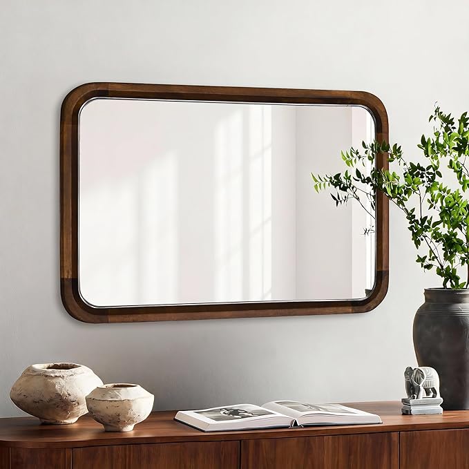 Wood Bathroom Mirror for Wall,Rectangle 20 x 30 inch Hanging Vanity Brown Tempered Mirrors with Rounded Corner for Living Room,Bedroom,Entryway (Walnut, 24x30 Inch)