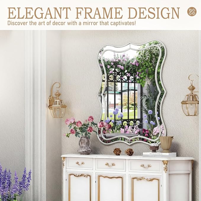 Silver Scalloped Wall Mirror Decor -24”x32 Large Double Wavy Edge RetangleMirror, Shabby Chic Mirrors for Living Room, Bedroom, Dining Room,Entryway,Bathroom